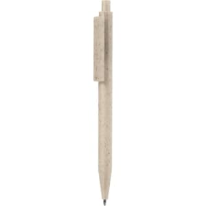 A plastic pen in a light beige colour with a simple design and a clip, featuring a logo.