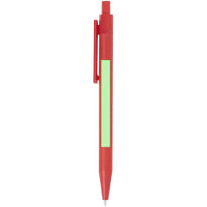 A red plastic pen with a green section and a clip, featuring a logo on the body.