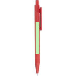 A red plastic pen with a green accent and a clip, featuring a branding logo.