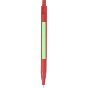 A red plastic pen with a green section and a metallic tip. The pen features a logo on its body.