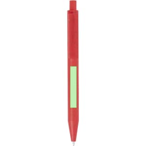 A red plastic pen with a green section and a simple design. It features a brand logo on the barrel.