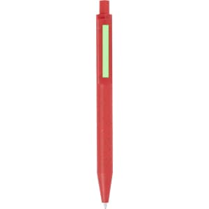 A red plastic pen with a green section and a silver ink tip, featuring a branding logo.