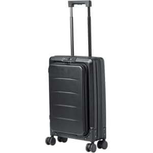 A black foldable trolley bag with multiple compartments and wheels for easy mobility, featuring a retractable handle.