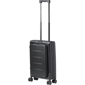 A foldable trolley in black, featuring a telescopic handle and four wheels for easy mobility. Includes a logo.