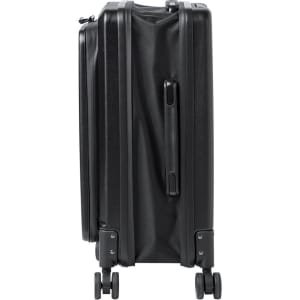 A black, foldable trolley with wheels and a side handle, featuring a compact and streamlined design.