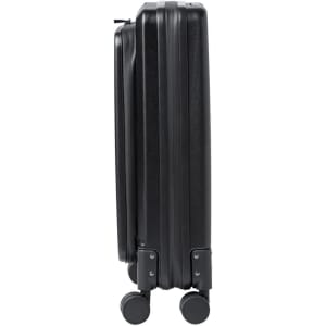 A black foldable trolley with wheels, featuring a sleek design and a sturdy exterior.