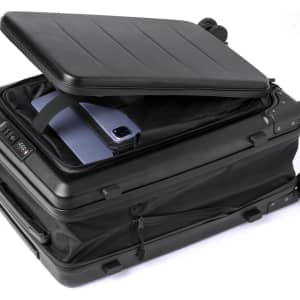 A black wheeled bag with a foldable top, featuring a compartment for a device and a side zip pocket.