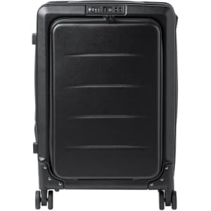 A black foldable trolley bag with a hard shell and wheeled base, featuring a logo on the front.