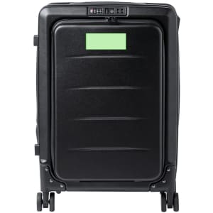 A black foldable trolley bag with a built-in lock and wheels, featuring a logo on the front.