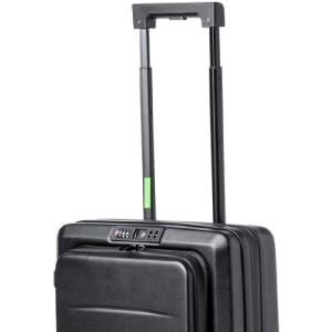 A black foldable trolley with a telescopic handle and multiple compartments. It features a logo on the front.