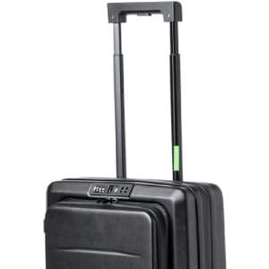 A black foldable trolley with a retractable handle, featuring a built-in lock and branding.