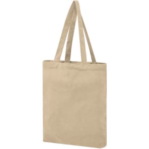 A beige tote bag with long straps and a simple design, featuring a logo.