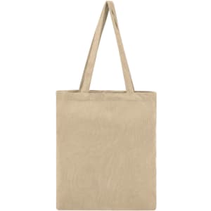 A beige tote bag with two handles, featuring a plain design and a logo.