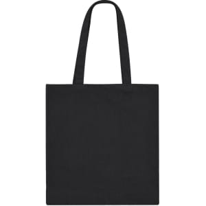 A black tote bag with two handles and a simple design, featuring a logo on one side.