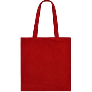 A red tote bag with two sturdy handles and a plain design, featuring a logo.