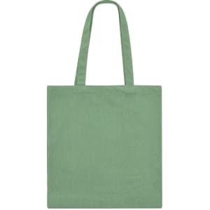 A green tote bag with two straps and a plain design, featuring a logo.