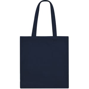 A navy blue tote bag with two handles and a plain design, featuring a logo.