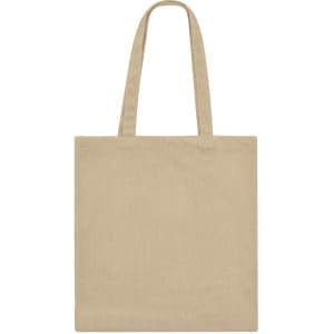 A beige tote bag with long handles and a simple design, featuring a logo on one side.