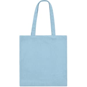 A light blue tote bag with two long handles and a simple design, featuring a logo.