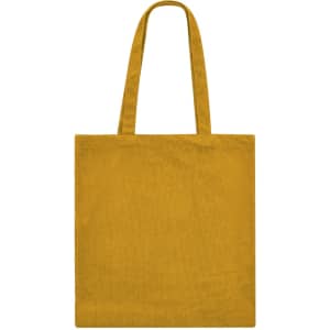 A yellow tote bag with sturdy handles and a simple design, featuring a branding logo.