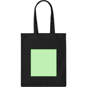 A black tote bag featuring a large green square design. It has two handles and a simple, modern look.