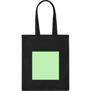 A black tote bag with a large green square on the front and two shoulder straps. It features a logo.