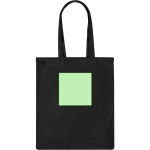 A black tote bag with a square green panel on the front and two long handles. It features a logo.