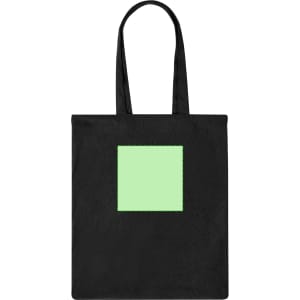 A black tote bag with a square green patch and two sturdy handles. The bag features a logo.
