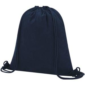A navy drawstring bag featuring a simple design and matching cords, ideal for carrying personal items.