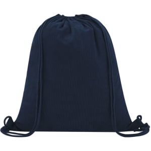 A navy blue drawstring bag with matching cords and a branding logo on the surface.