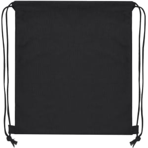 A black drawstring bag with matching cords and a logo. Simple and functional design suitable for various uses.