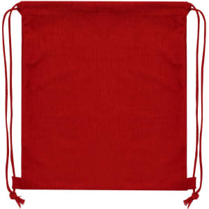 A red drawstring bag featuring a simple design, with two drawstrings on either side and a logo present.