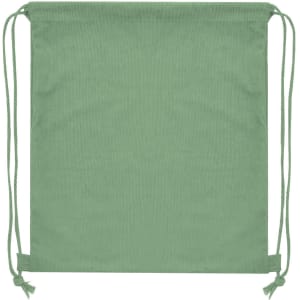 A green drawstring bag with two adjustable cords and a simple design. It features a logo branding.