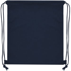 A navy drawstring bag with matching cords and a simple design. It features a branding logo.