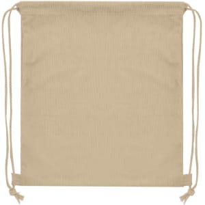 A beige drawstring bag with matching cords, featuring a simple design and an attached logo.