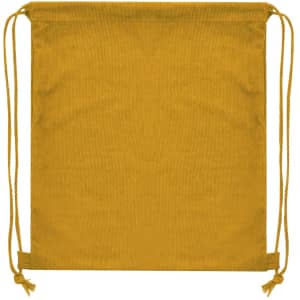 A yellow drawstring bag with cords on either side and a simple design. It features a logo.