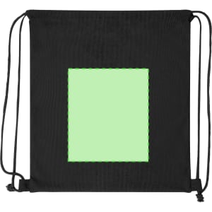 A black drawstring bag featuring a green placeholder area, with adjustable cords on each side.