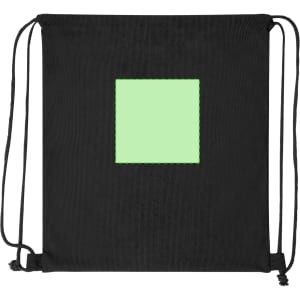 A black drawstring bag featuring a square area in a light green colour. It has a logo on its front.