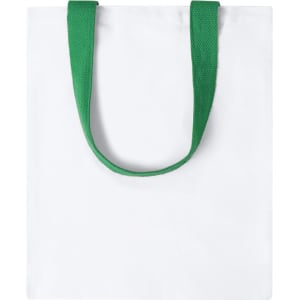 A white tote bag with a green handle and a logo on one side.