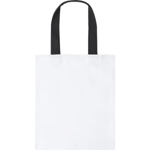 A white tote bag with black handles and a logo.