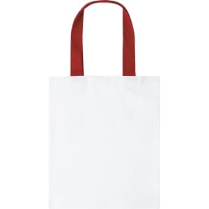 A white tote bag with red handles, featuring a logo on the front.