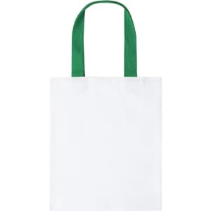 A white tote bag with green handles, featuring a logo on one side.