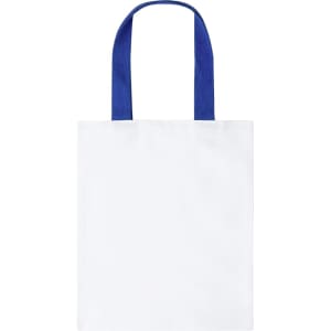 A white tote bag with blue handles and a simple design. It features a logo on one side.