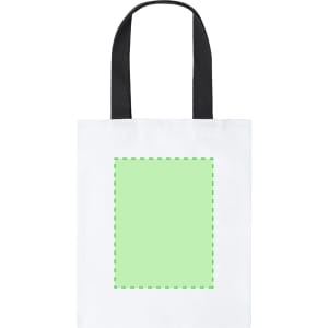 A white tote bag with black straps featuring a light green blank area for customisation.
