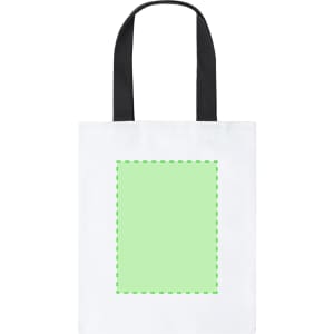 A tote bag featuring a white body with black handles and a light green rectangle design.