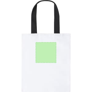 A white tote bag with black handles featuring a blank green square in the centre and a logo.