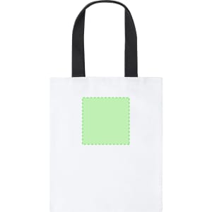 A white tote bag with black handles and a blank green square section for customisation.