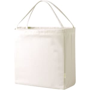 A cream tote bag with sturdy handles, featuring a simple design and a logo on one side.