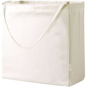 A beige tote bag with a simple design and a single shoulder strap, featuring a logo on the front.