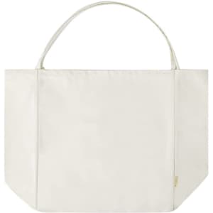 A cream tote bag with a simple design and sturdy handles, featuring a logo on one side.